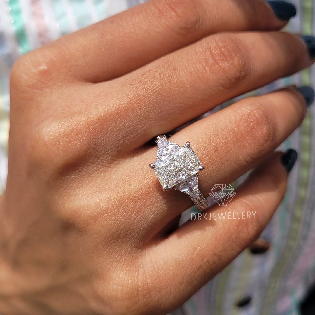 Vintage Inspired Radiant Cut Moissanite Three Stone Gold Ring