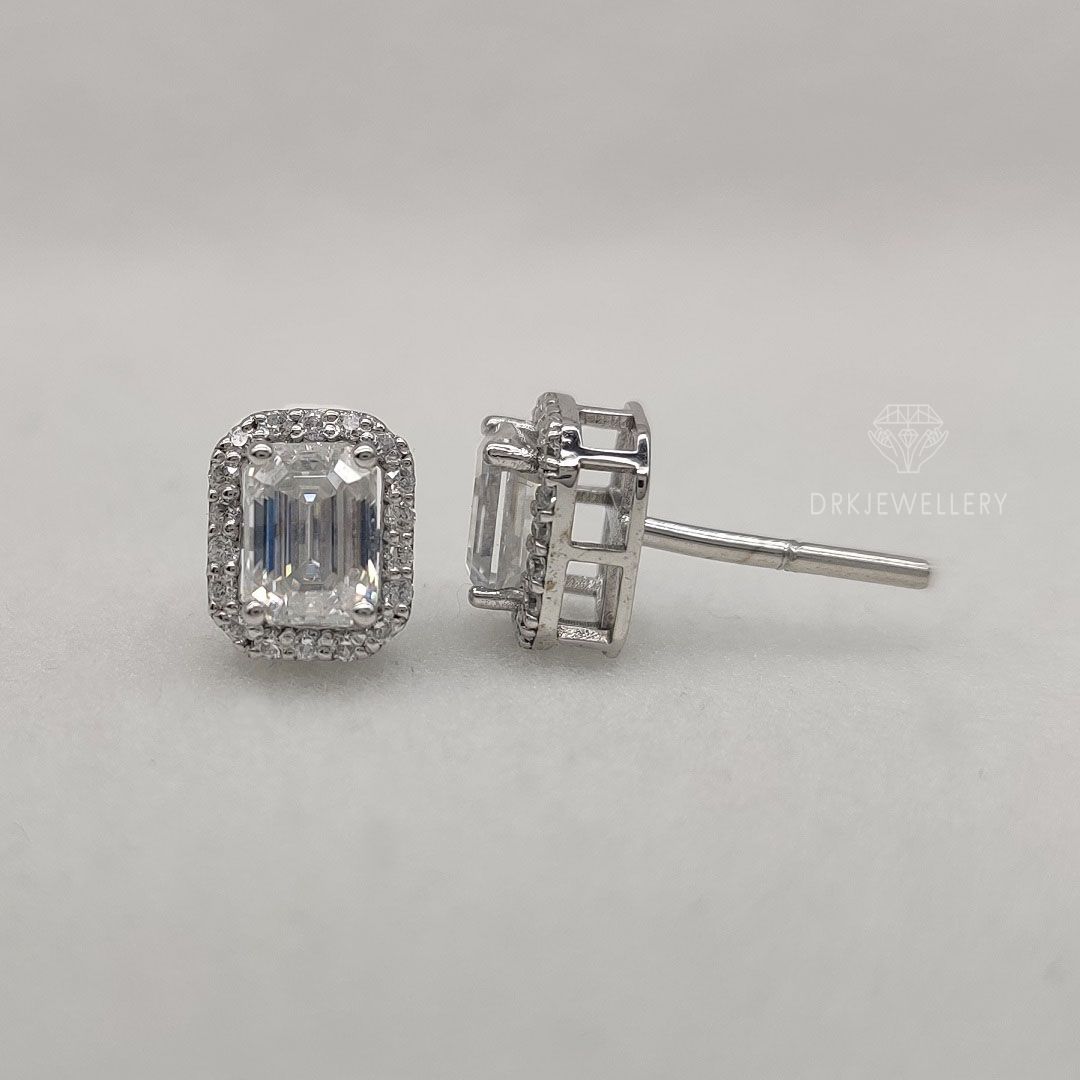Emerald Cut Halo Moissanite 14K Gold Ear Studs