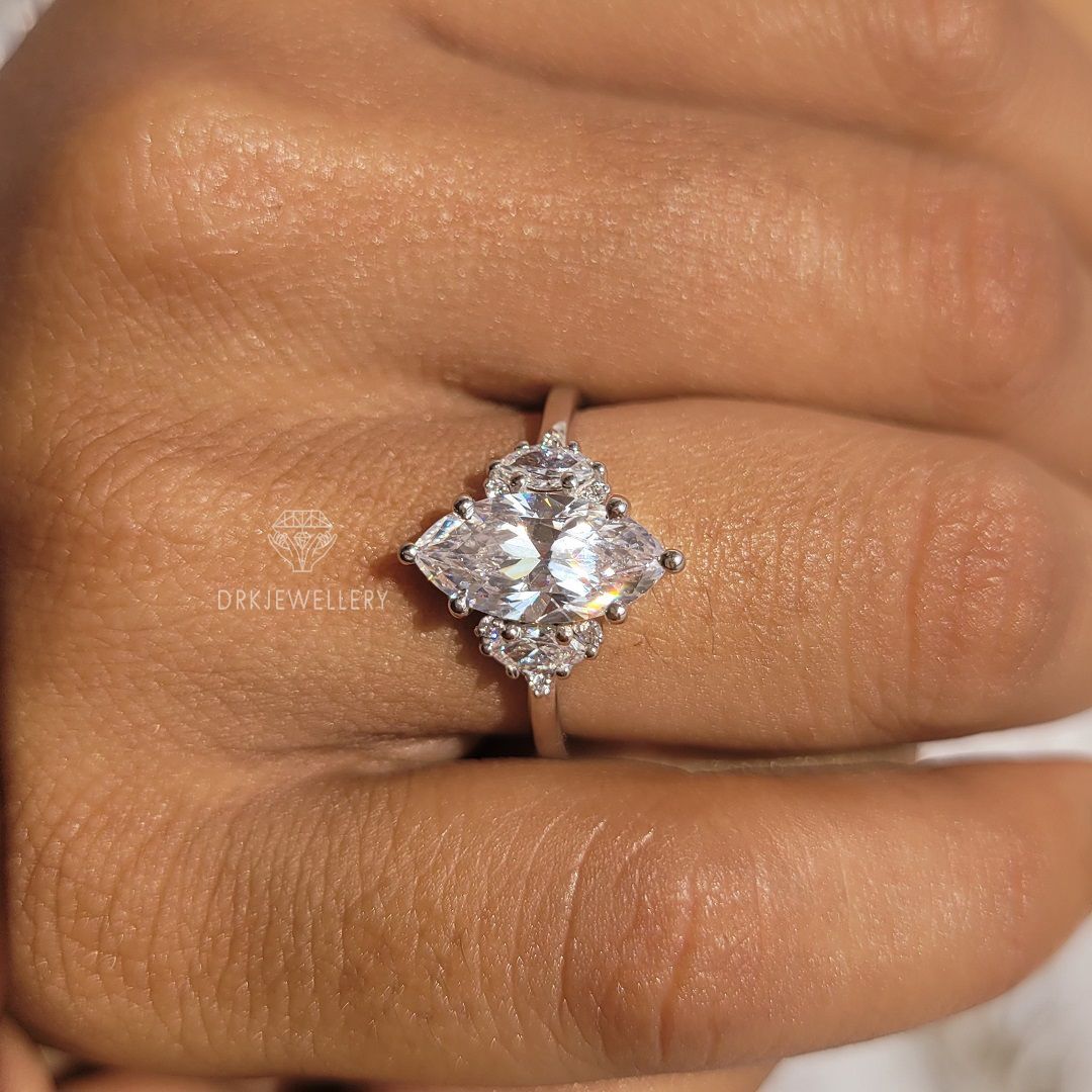 14K Gold Vintage Marquise Cut Moissanite Three Stone Ring