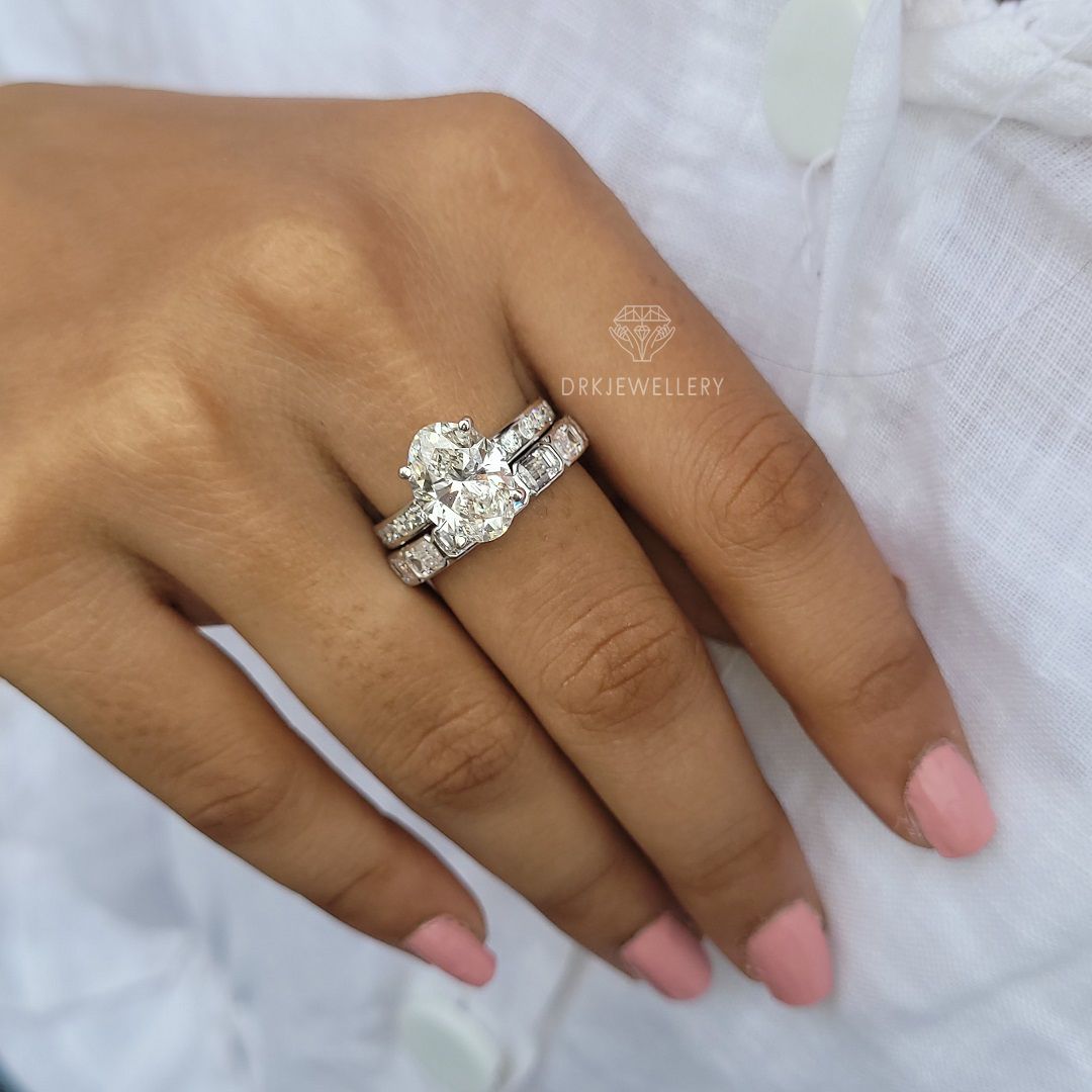 Oval Cut Moissanite Ring With Bezel East West Set Emerald Cut Bridal Set