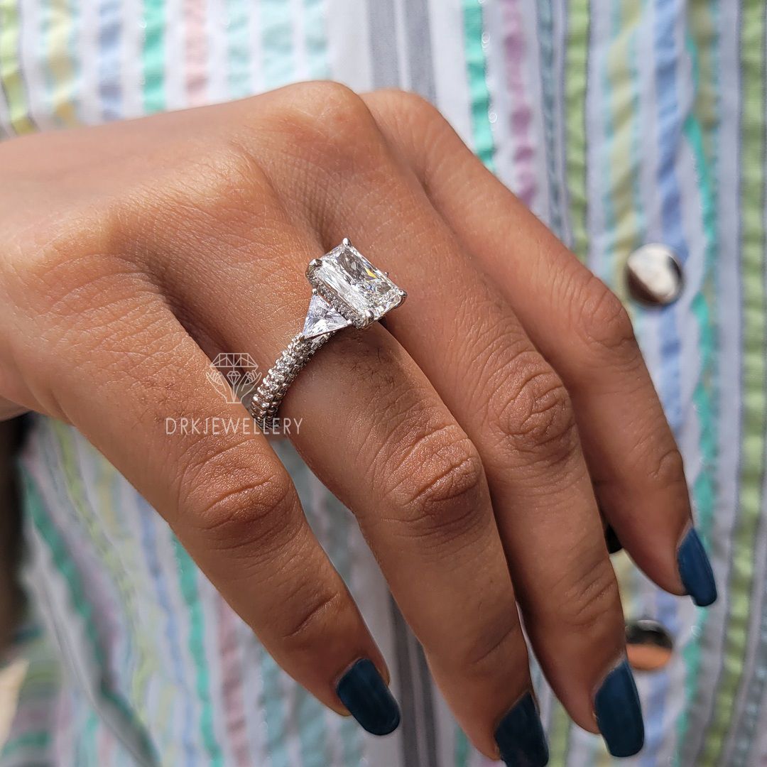 Vintage Inspired Radiant Cut Moissanite Three Stone Gold Ring
