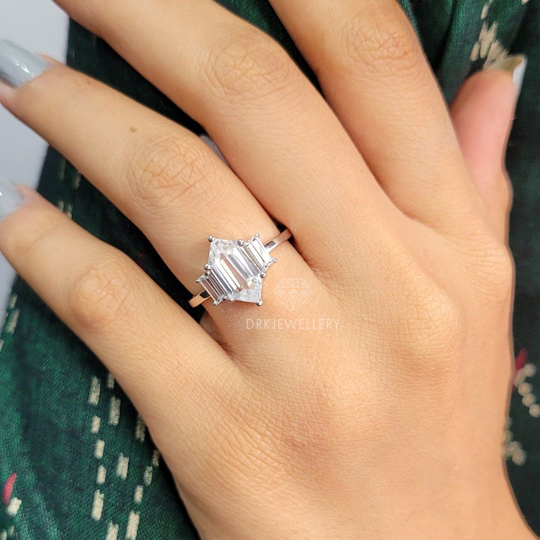 Hexagon Cut Moissanite Three Stone Engagement Ring