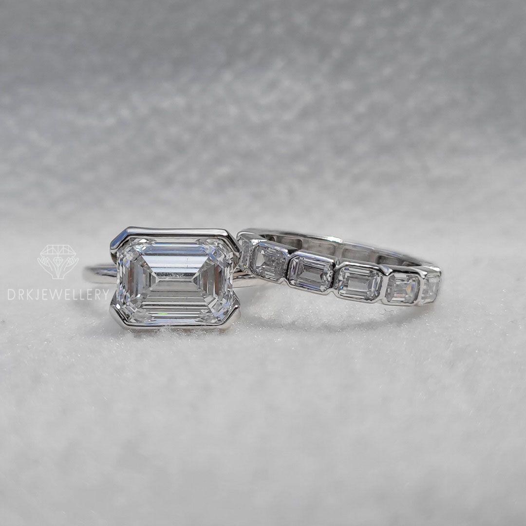 East West Emerald cut Moissanite Bridal Ring Set