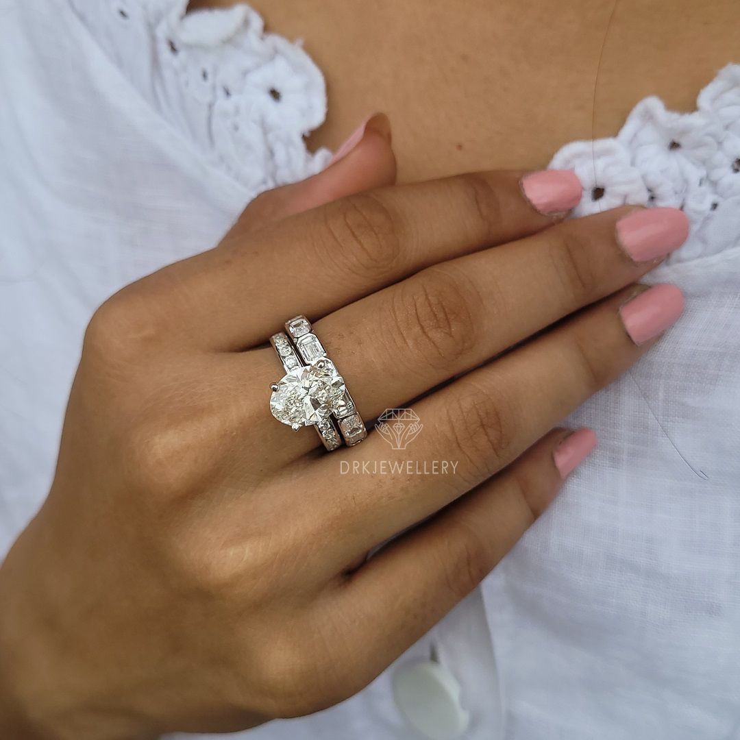 Oval Cut Moissanite Ring With Bezel East West Set Emerald Cut Bridal Set