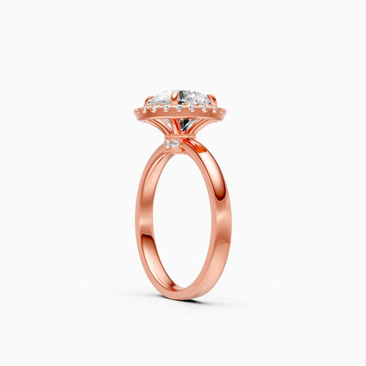 halo diamond ring, round cut ring, rose gold ring, solitaire ring, diamond ring, matching rings