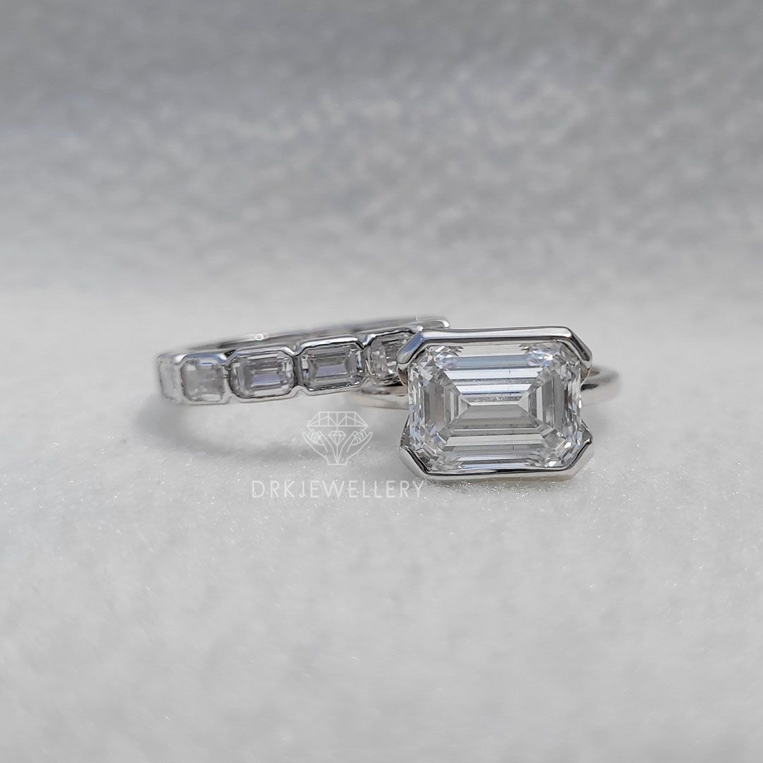 East West Emerald cut Moissanite Bridal Ring Set