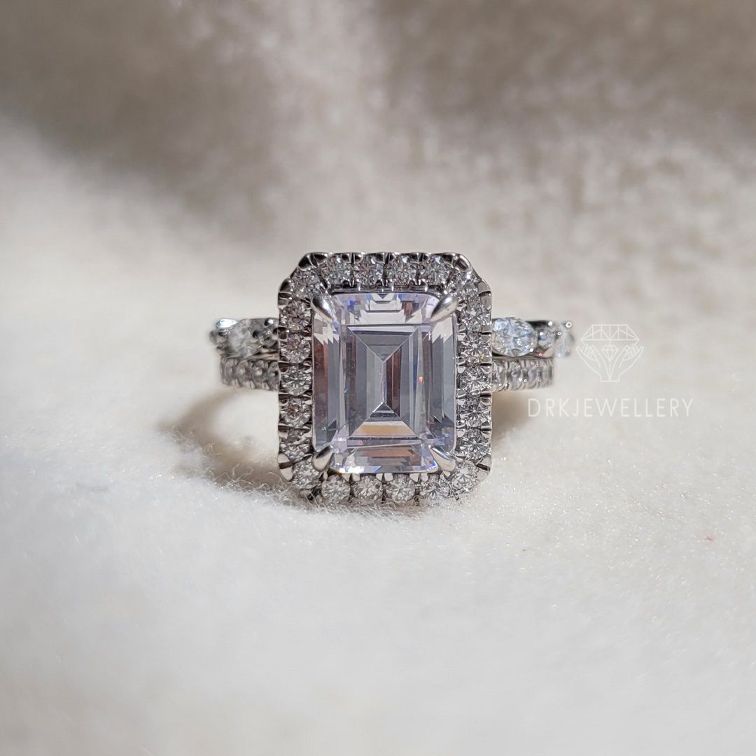 Emerald Cut Moissanite Halo RIng With Pave Set Eternity Band