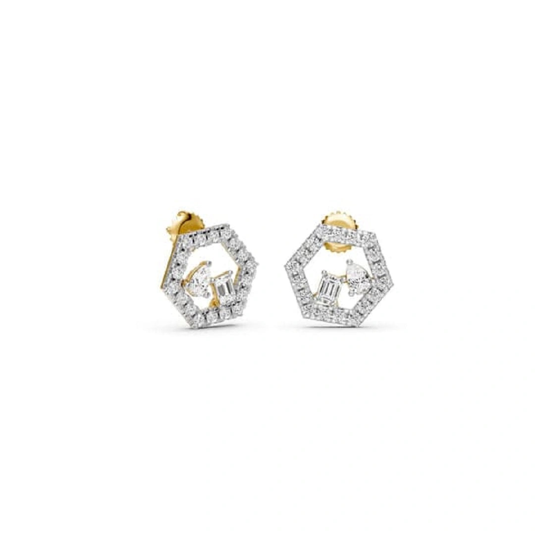 Hexagon Shape Round Cut Pave Set Diamond Studs