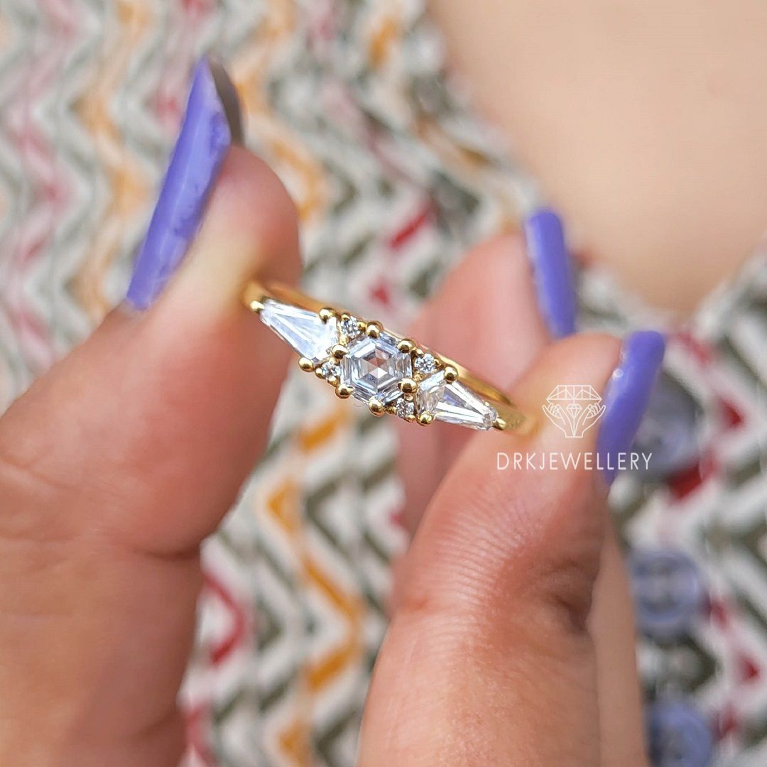 hexagon and kite cut lab grown diamond three stone Solitaire 14k Gold Yellow gold engagement ring
