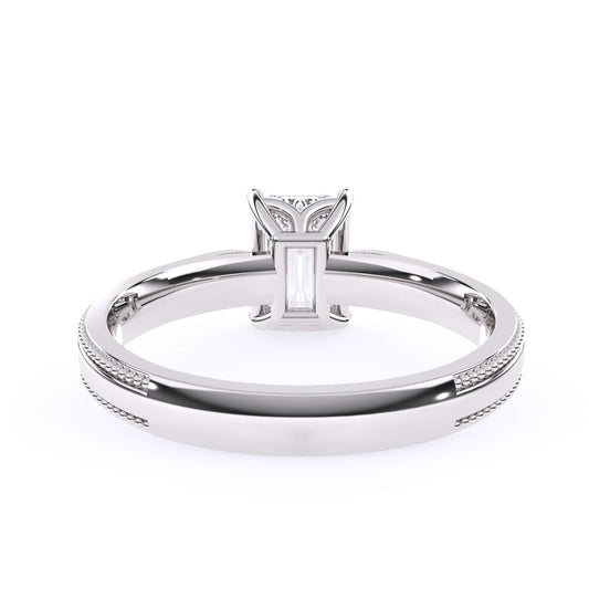 emerald cut ring, milgrain setting ring, pinched band style ring, white gold ring, moissanite ring, lab grown diamond ring, gold diamond ring