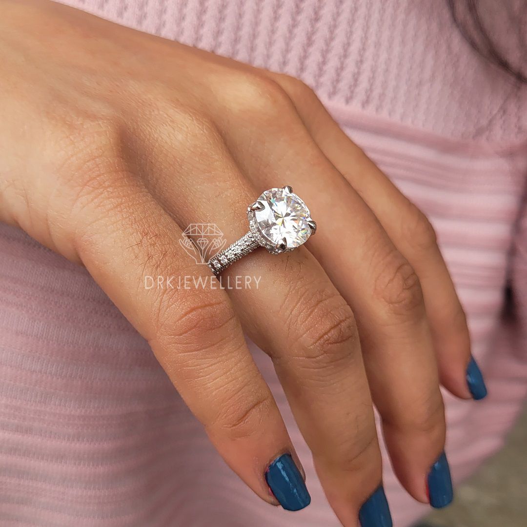 vintage ring-vintage inspired-milgrain setting ring-pave set ring-round cut ring-lab grown diamond ring-hidden halo style-prong pave set ring-bespoken ring