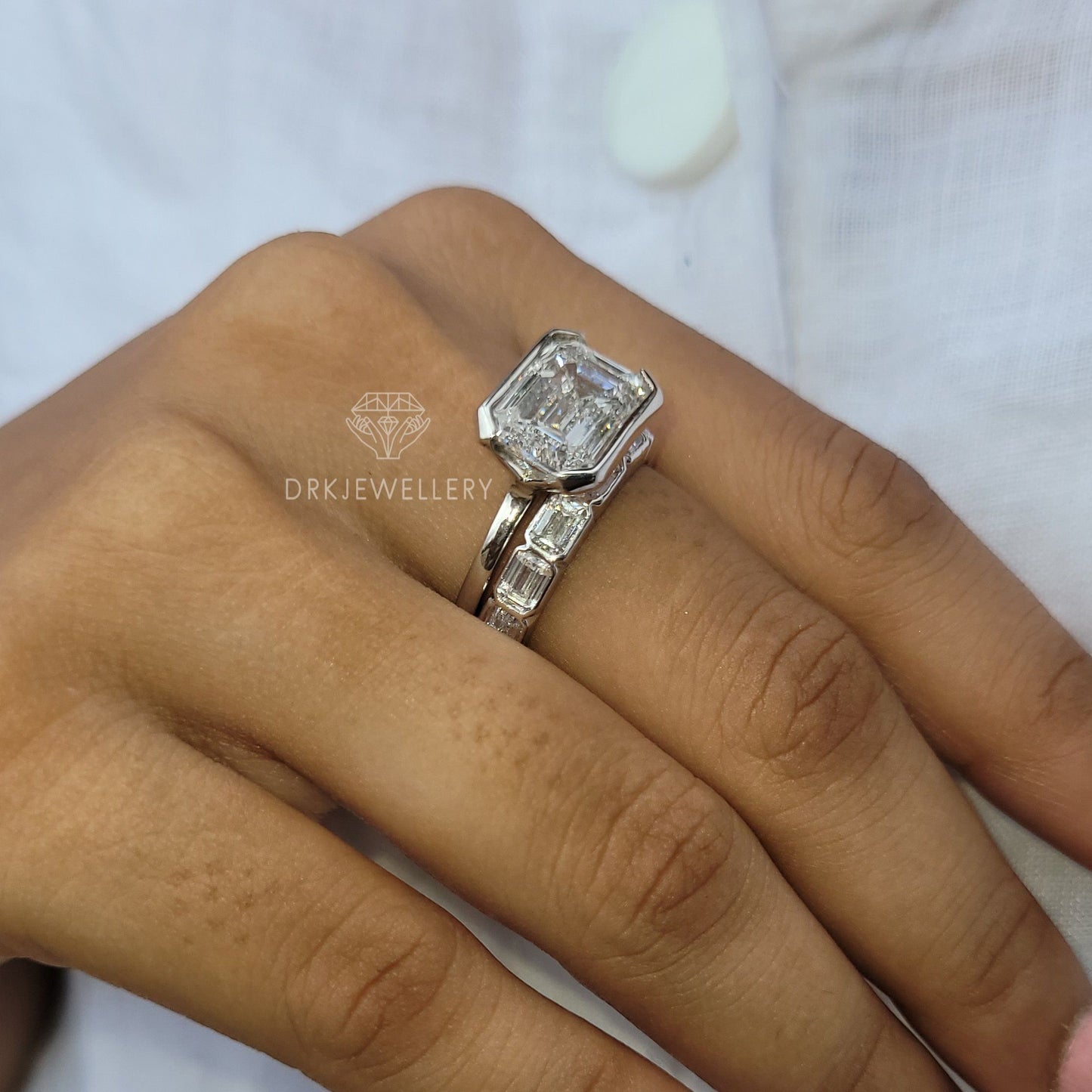 East West Emerald cut Moissanite Bridal Ring Set