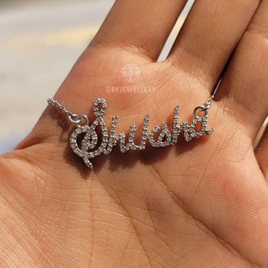 shiksha name pendant, round cut lab grown diamond pave setting wedding gold pendant with chain