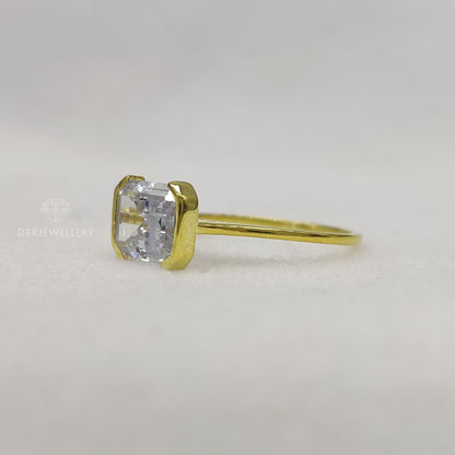 East West Emerald Cut Moissanite Half Bezel Set Gold RIng