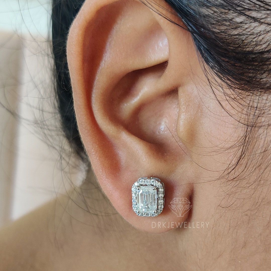 Emerald Cut Halo Moissanite 14K Gold Ear Studs