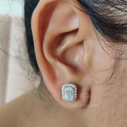Emerald Cut Halo Moissanite 14K Gold Ear Studs