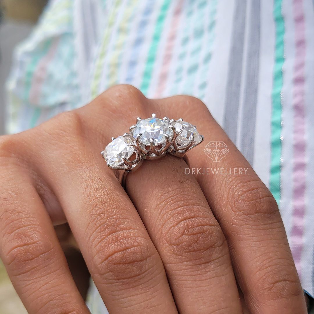 Old European Cushion Cut Moissanite 3 Stone Ring
