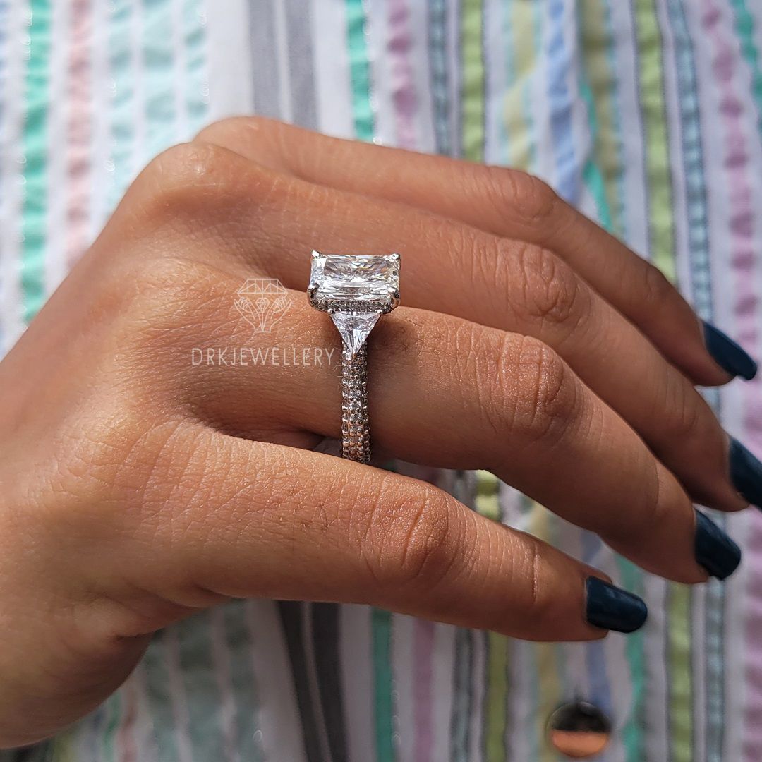 Vintage Inspired Radiant Cut Moissanite Three Stone Gold Ring