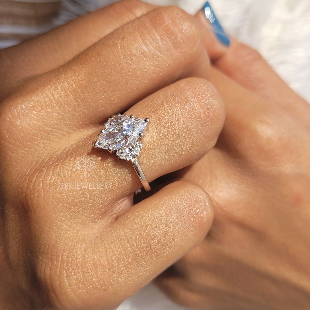 14K Gold Vintage Marquise Cut Moissanite Three Stone Ring