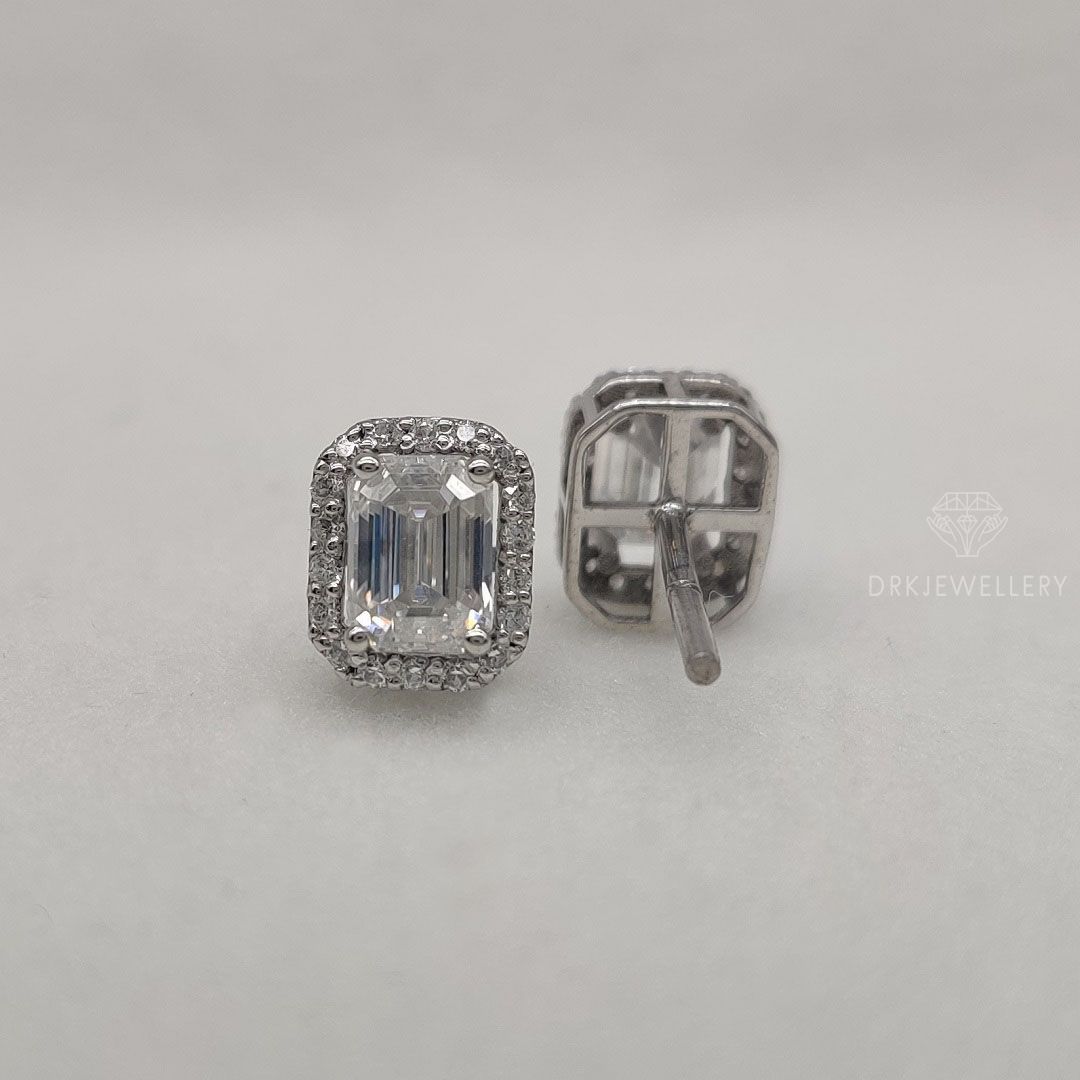 Emerald Cut Halo Moissanite 14K Gold Ear Studs