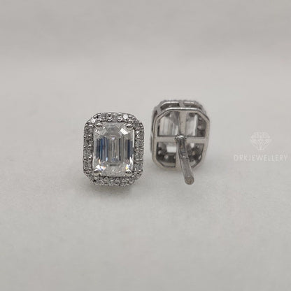 Emerald Cut Halo Moissanite 14K Gold Ear Studs