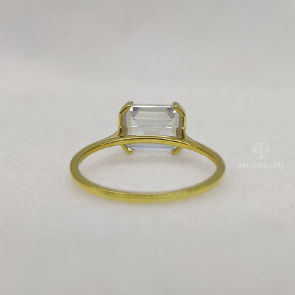 East West Emerald Cut Moissanite Half Bezel Set Gold RIng