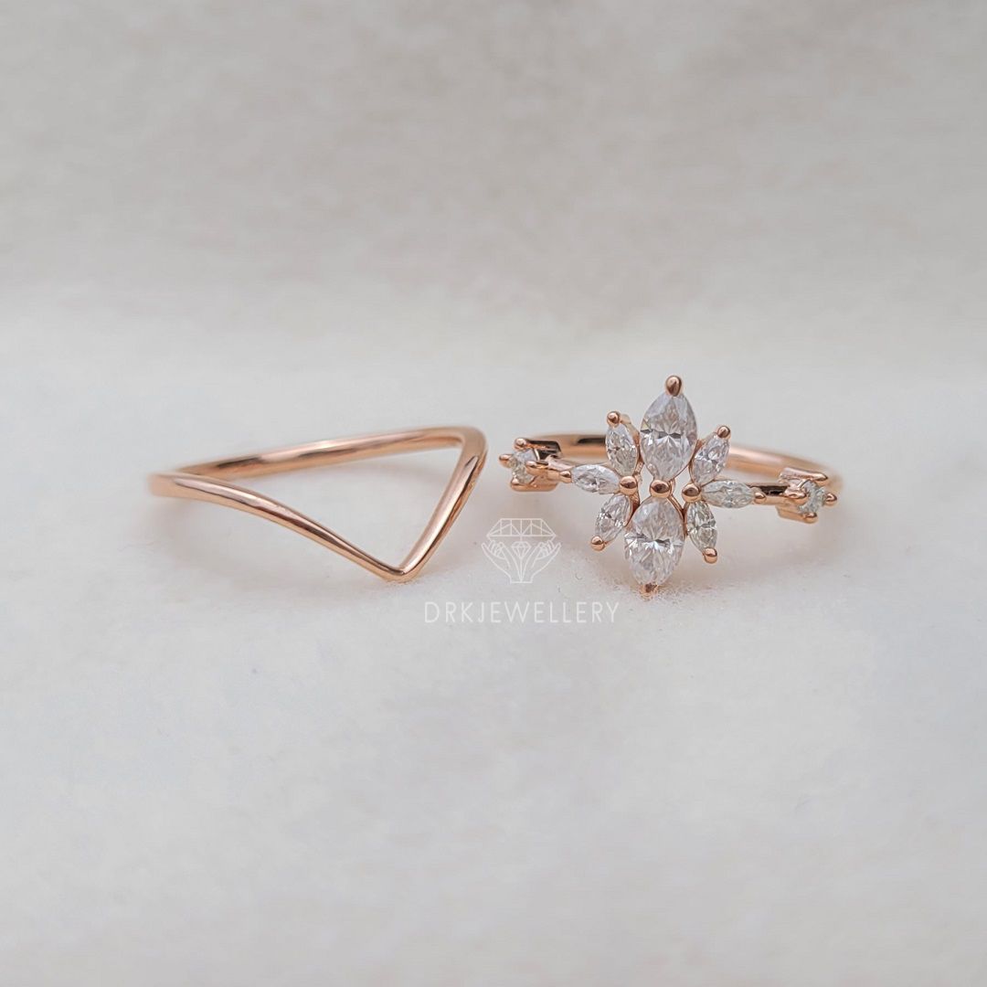 Marquise Cut Cluster Moissanite Ring With Solitaire Gold Band