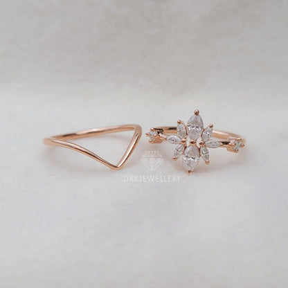 Marquise Cut Cluster Moissanite Ring With Solitaire Gold Band