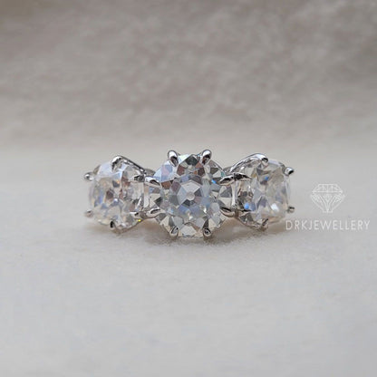 Old European Cushion Cut Moissanite 3 Stone Ring