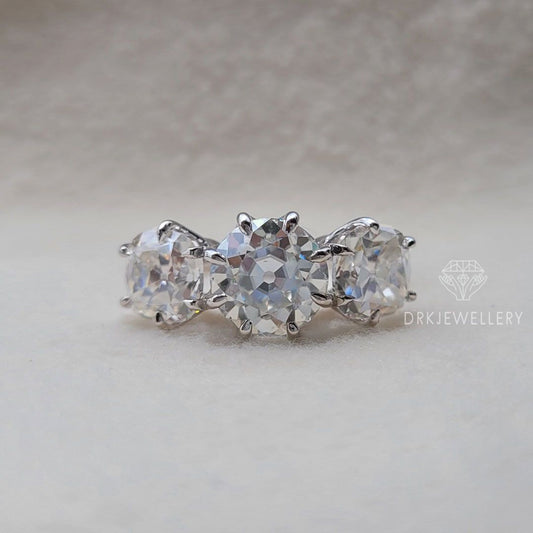 Old European Cushion Cut Moissanite 3 Stone Ring