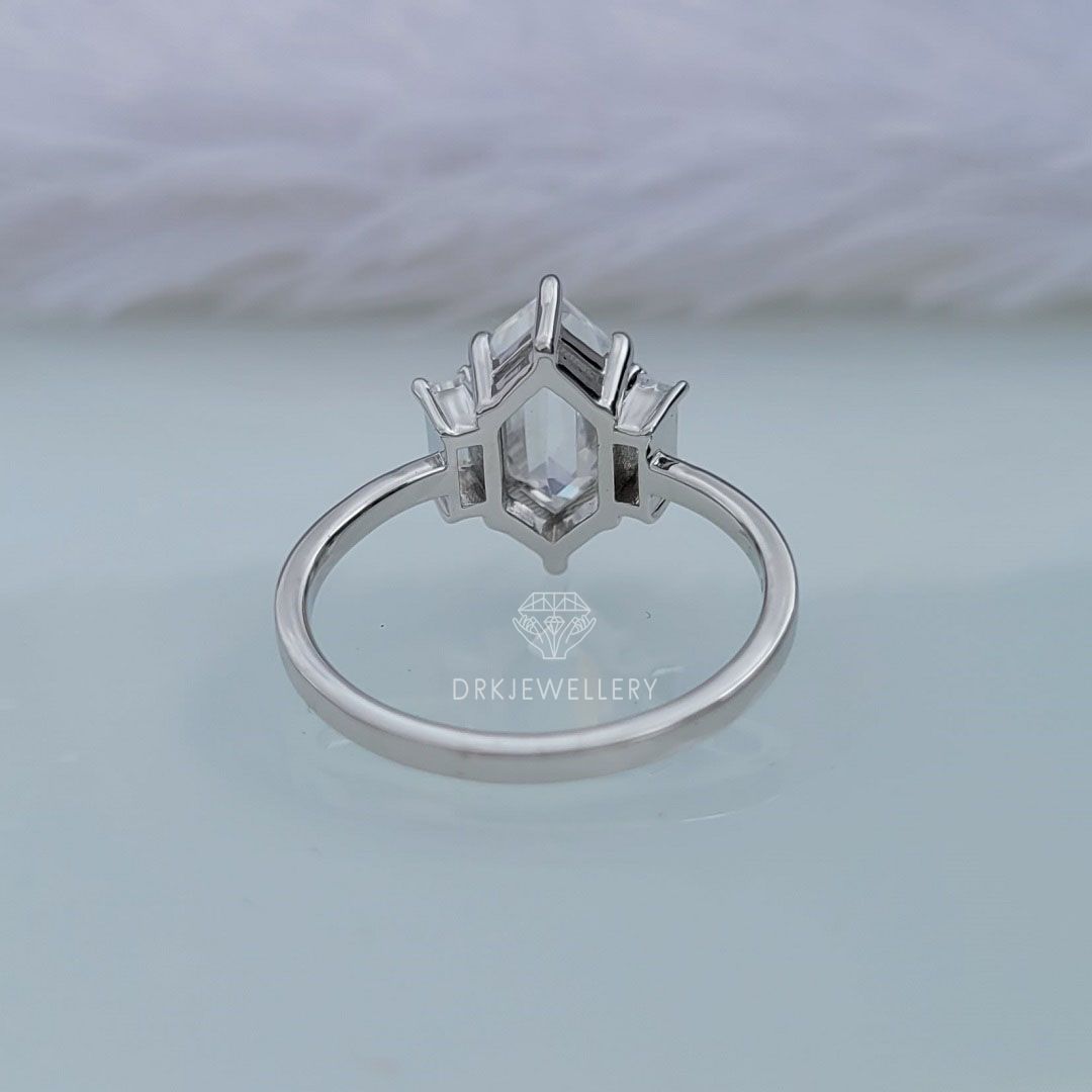 Hexagon Cut Moissanite Three Stone Engagement Ring