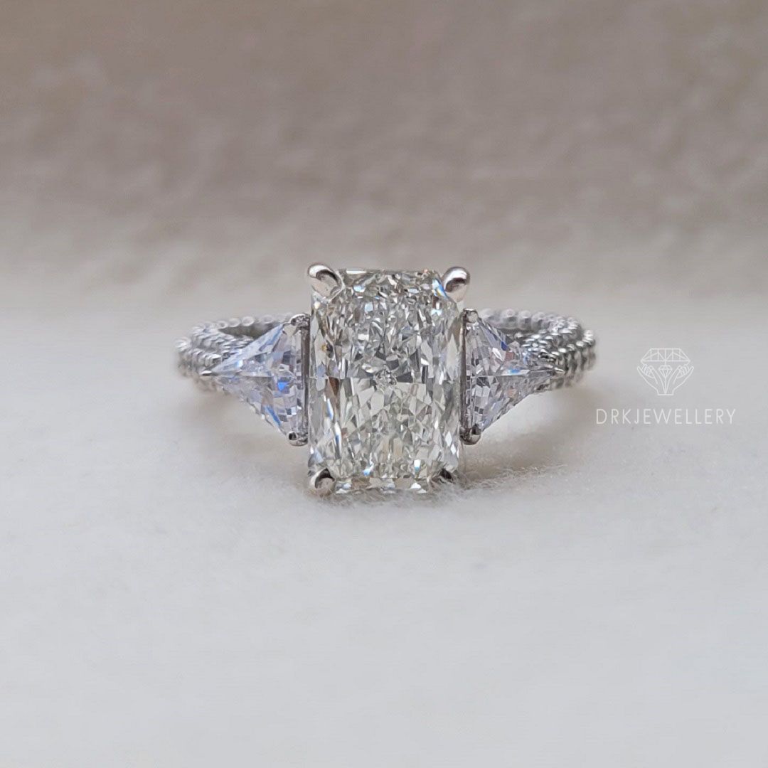 Vintage Inspired Radiant Cut Moissanite Three Stone Gold Ring