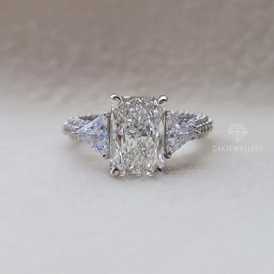 Vintage Inspired Radiant Cut Moissanite Three Stone Gold Ring