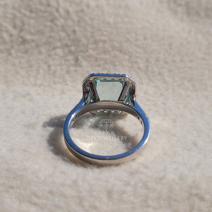Square Emerald Cut Aquamarine Halo 14K Gold Ring