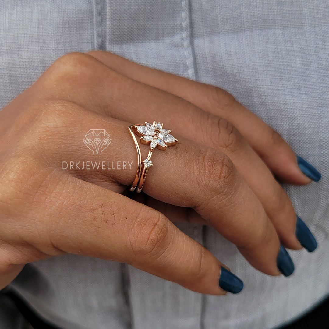 Marquise Cut Cluster Moissanite Ring With Solitaire Gold Band