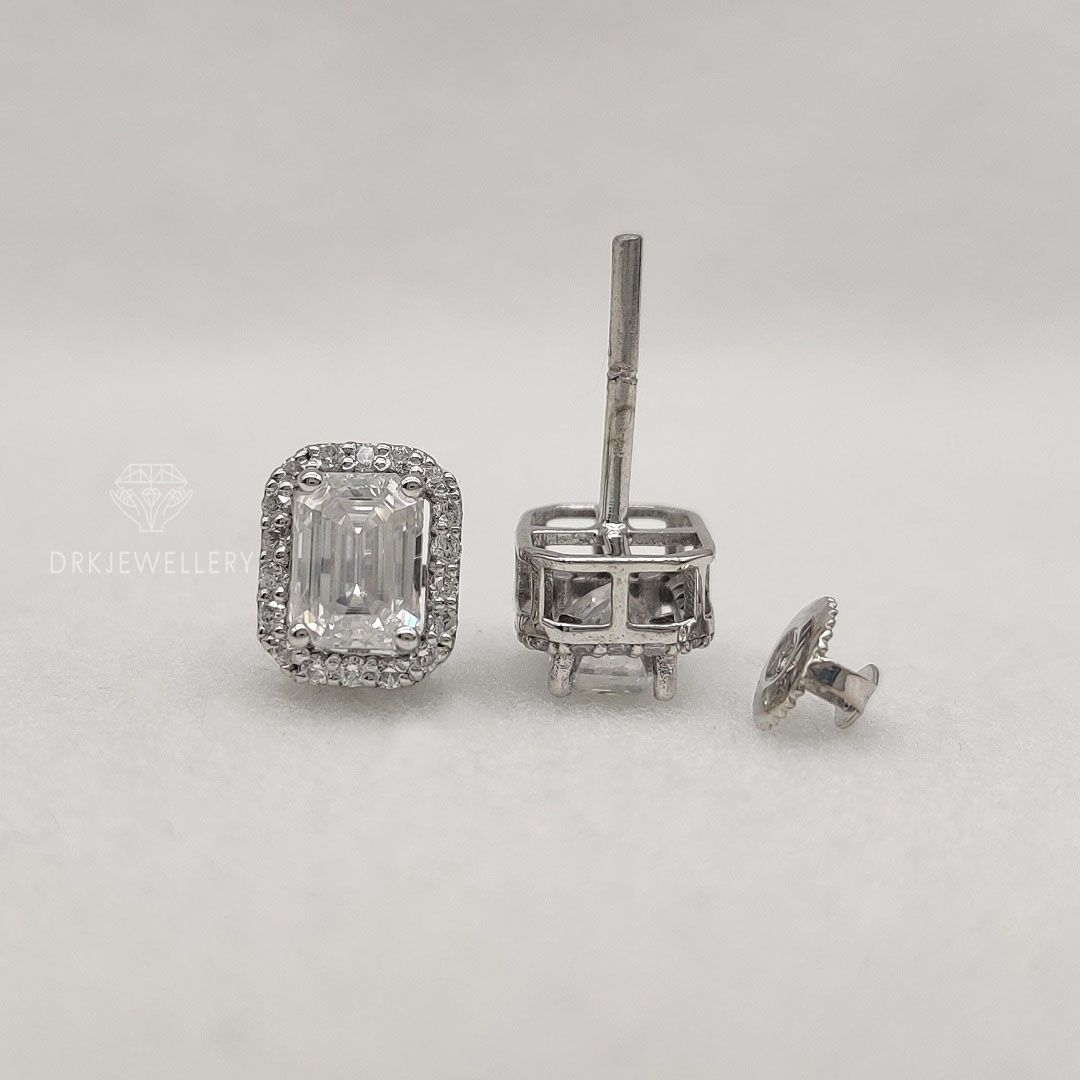 Emerald Cut Halo Moissanite 14K Gold Ear Studs