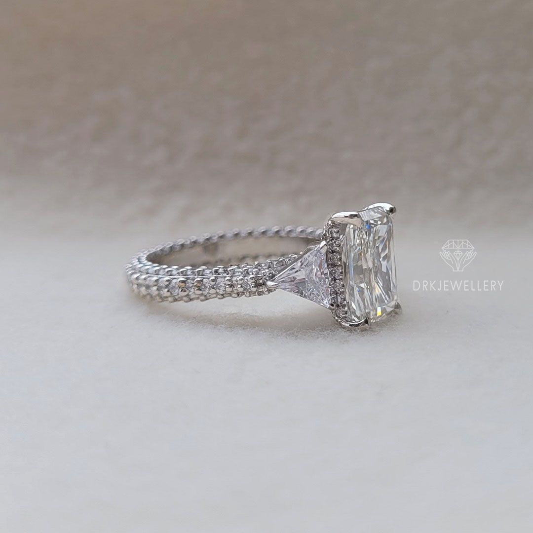 Vintage Inspired Radiant Cut Moissanite Three Stone Gold Ring