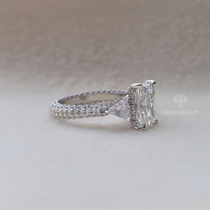 Vintage Inspired Radiant Cut Moissanite Three Stone Gold Ring
