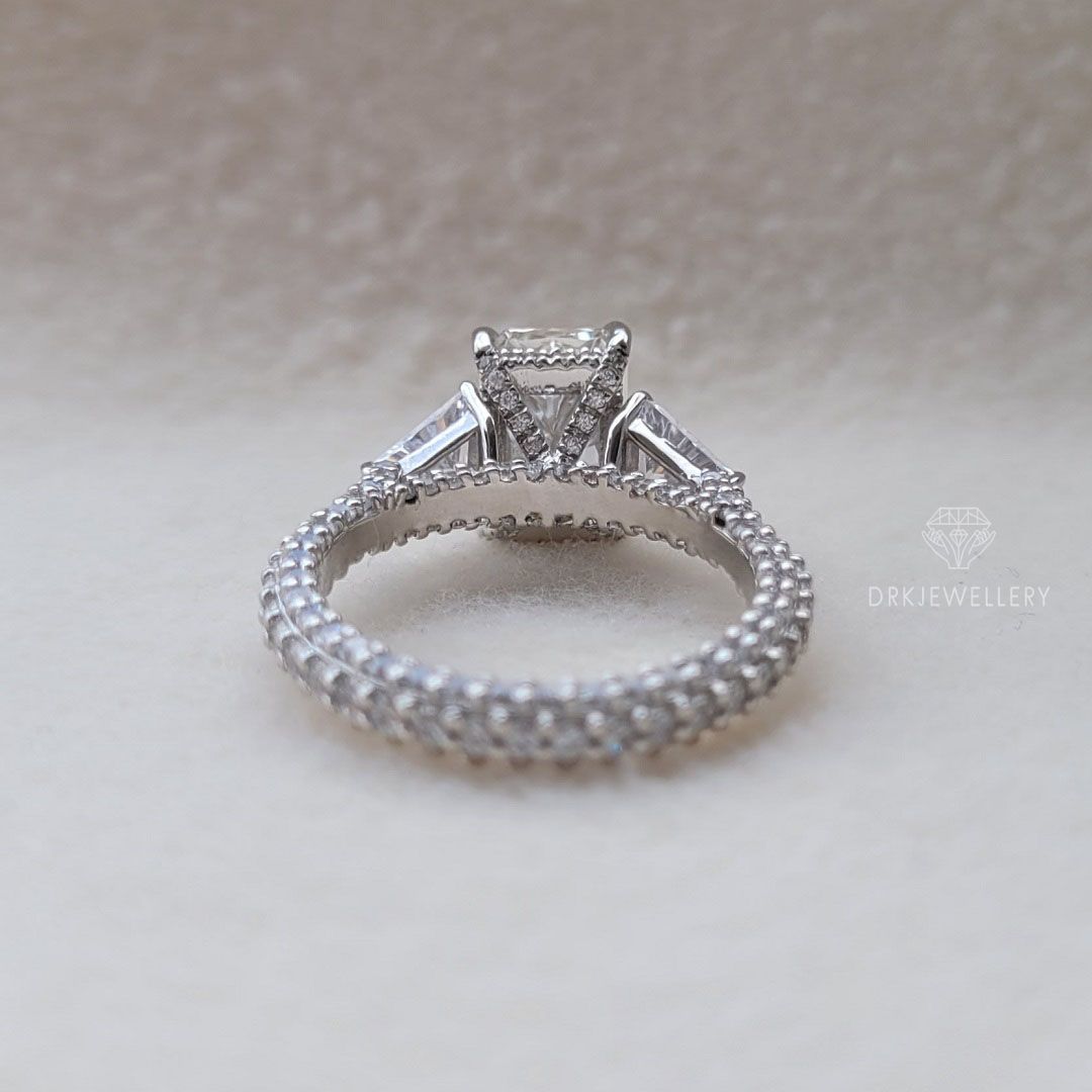 Vintage Inspired Radiant Cut Moissanite Three Stone Gold Ring