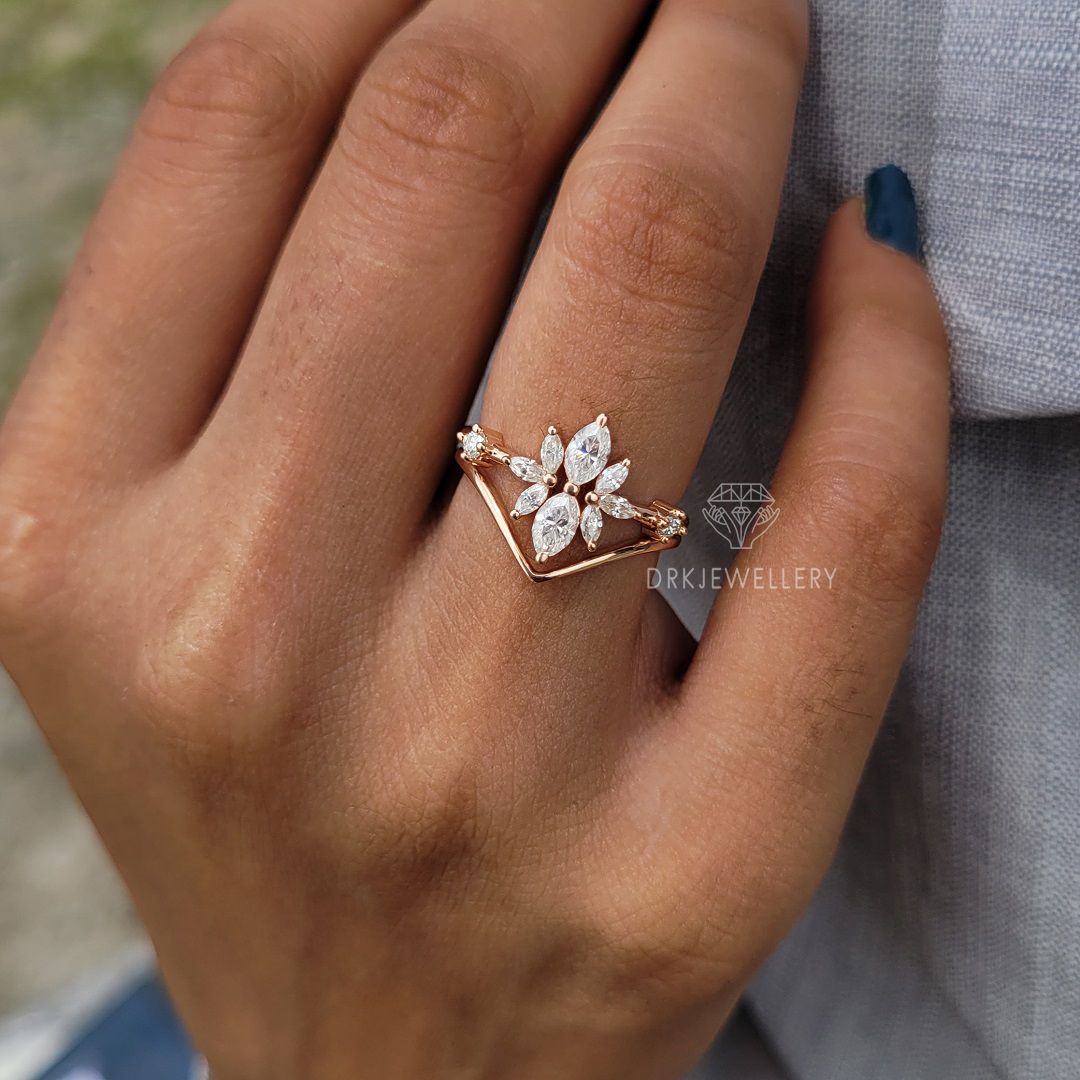 Marquise Cut Cluster Moissanite Ring With Solitaire Gold Band
