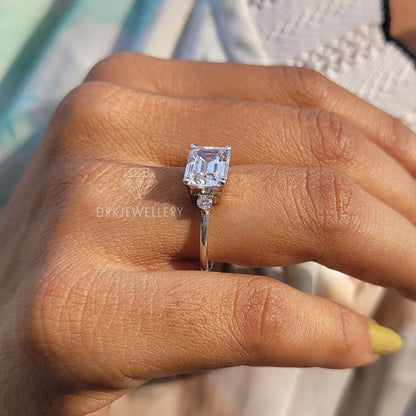 Three Stone East West Emerald Cut Gold Diamond Ring