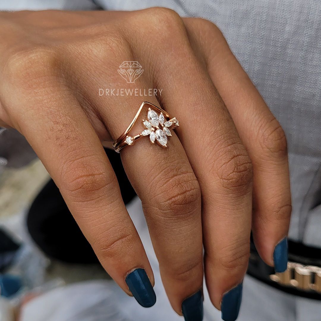 Marquise Cut Cluster Moissanite Ring With Solitaire Gold Band