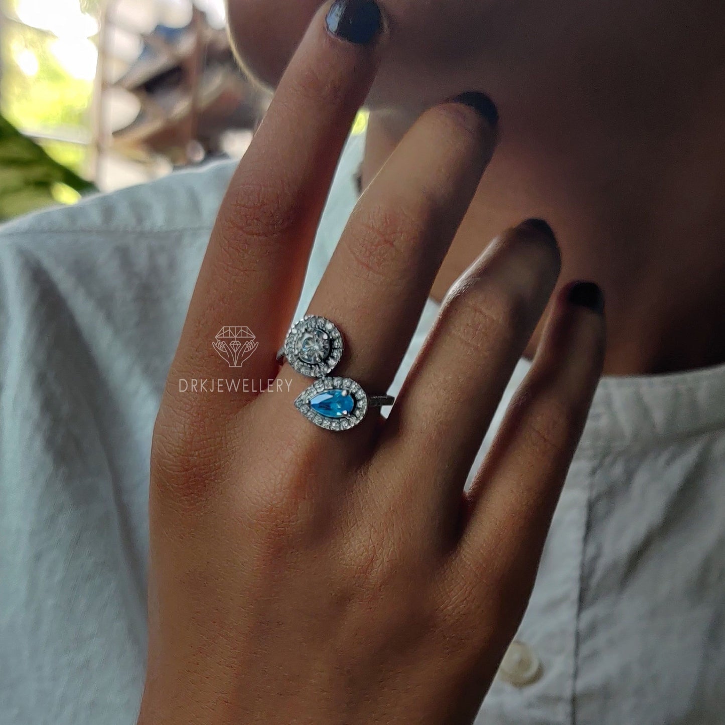 Toi-Et-Moi Pear & Round Halo Bypass Set 14K Gold Ring