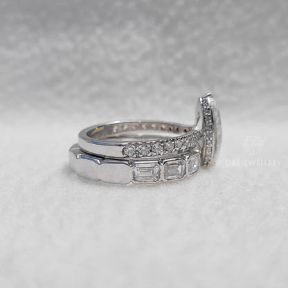 Marquise Cut Moisanite Hidden Halo Ring With East West Emerald Cut Band