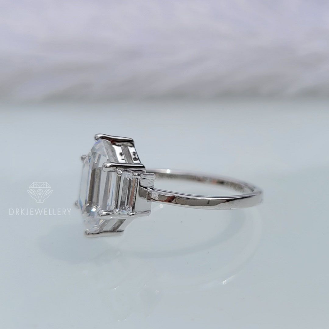 Hexagon cut ring, baguette cut ring, three stone ring, stylist ring, solitaire ring, unique ring, gifts