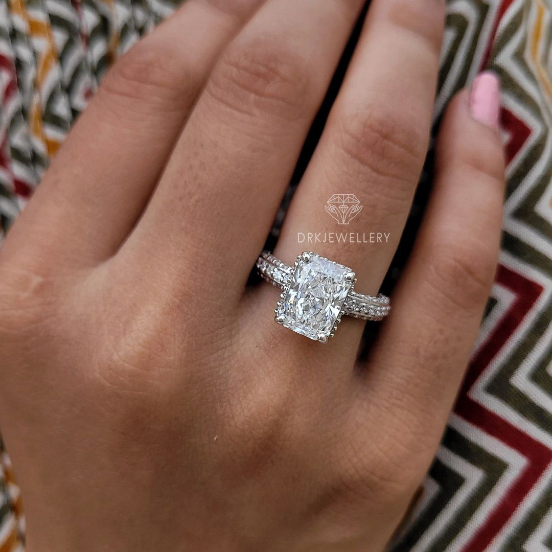 radiant cut  ring, cluter ring,pave set ring,white gold ring,hidden halo ring,claw pong set ring,white gold ring,eternity ring