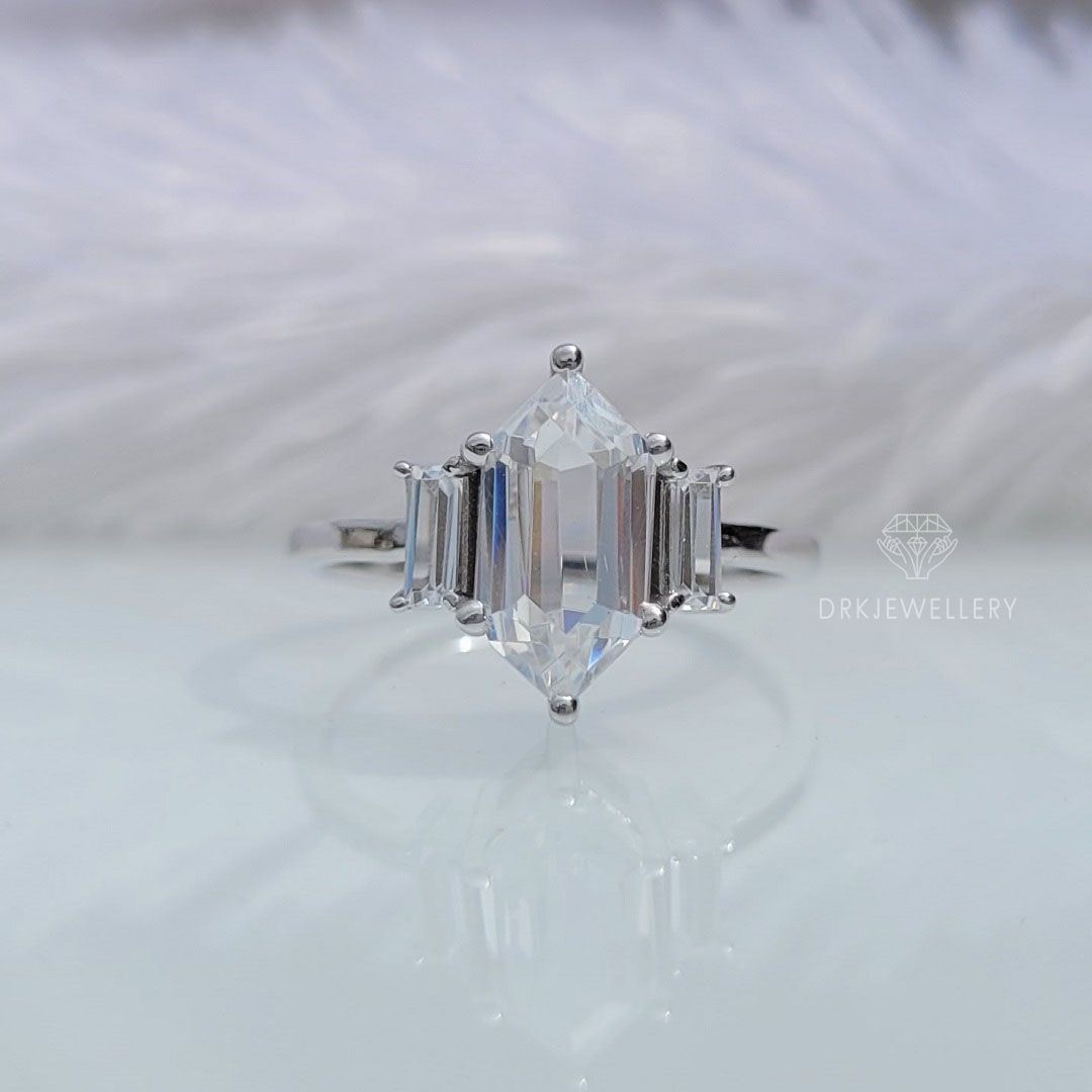 Hexagon cut ring, baguette cut ring, three stone ring, stylist ring, solitaire ring, unique ring, gifts