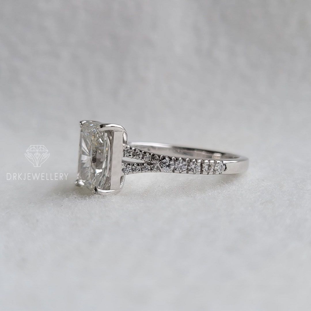 crystle radiant cut ring, moissanite ring,lab grown diamond ring,split shank style ring, pave set ring,white gold ring