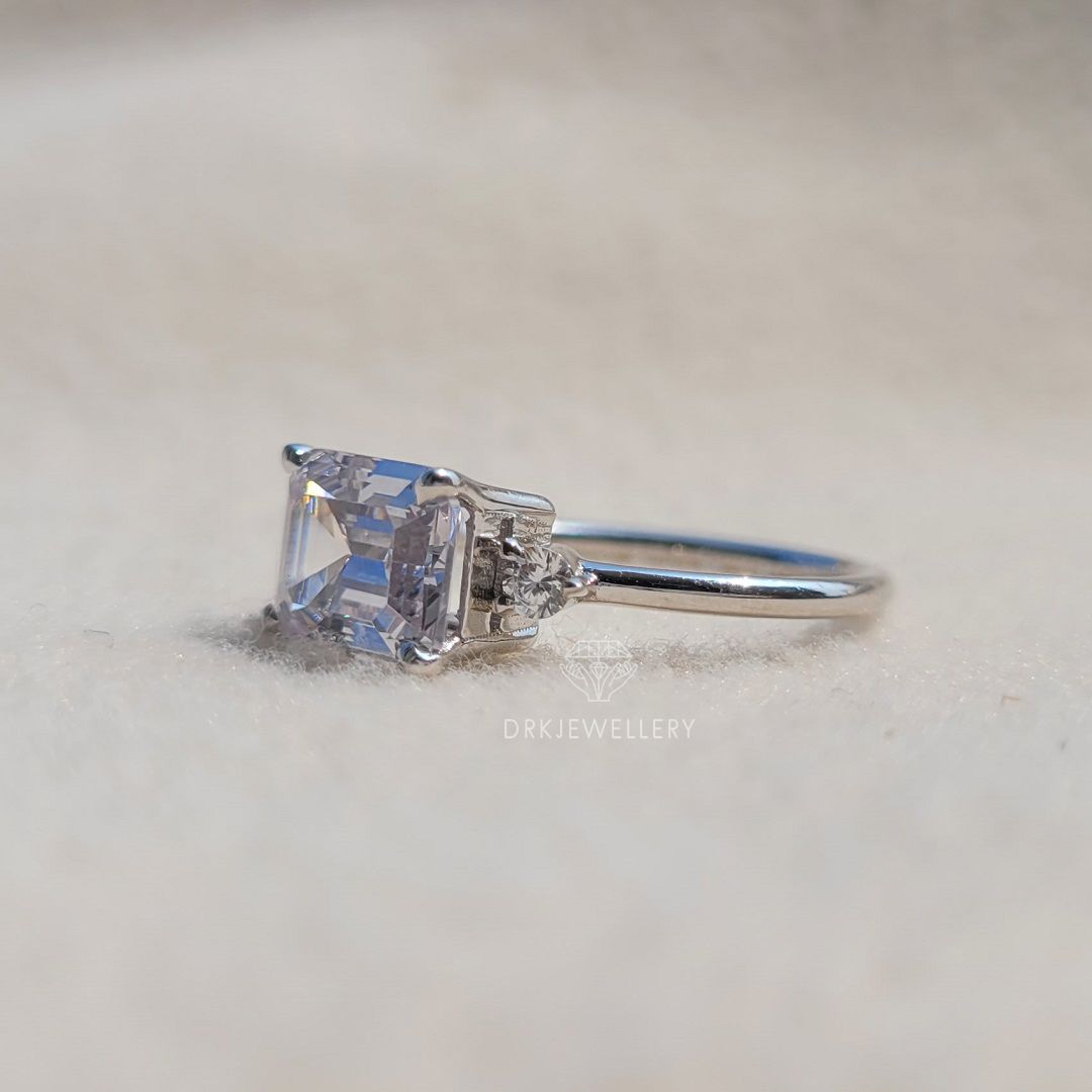 east west emerald cut lab grown diamond ring-emerald  cut ring-modern east west setting-three stone style ring-white gold ring-solitaire ring-moissanite ring-diamond ring