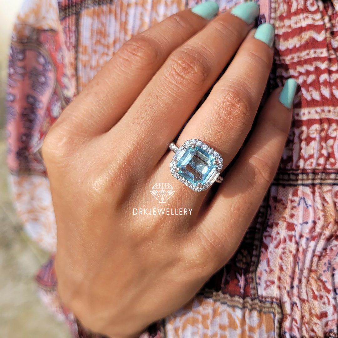 square emerald cut ring, aquamarine ring, pave set ring, halo ring, white gold  ring, baguette diamond ring, personalised gifts